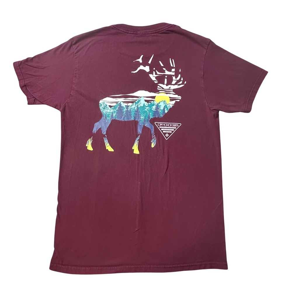 Columbia Shirt Mens M Maroon PHG Performance Hunting Gear Deer Mountain Graphic